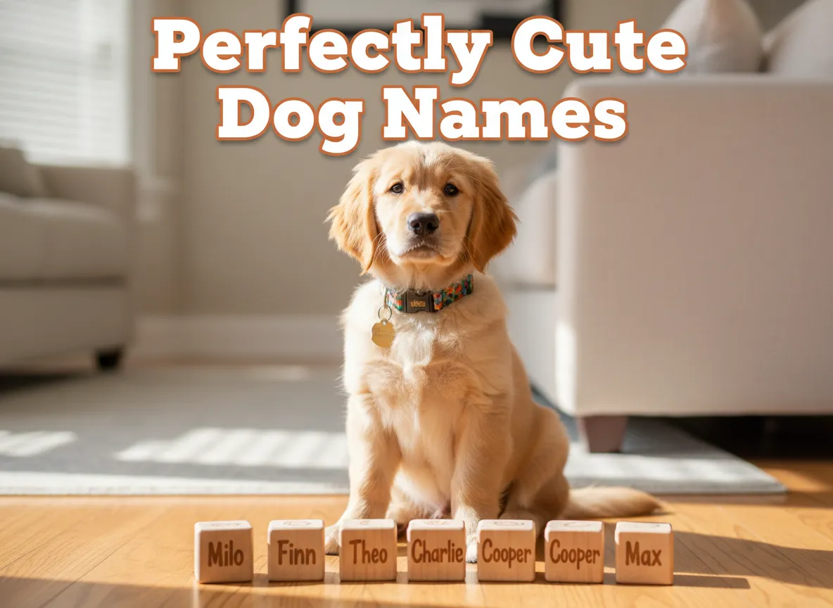 Golden puppy six name blocks collar tag sunlit room cute