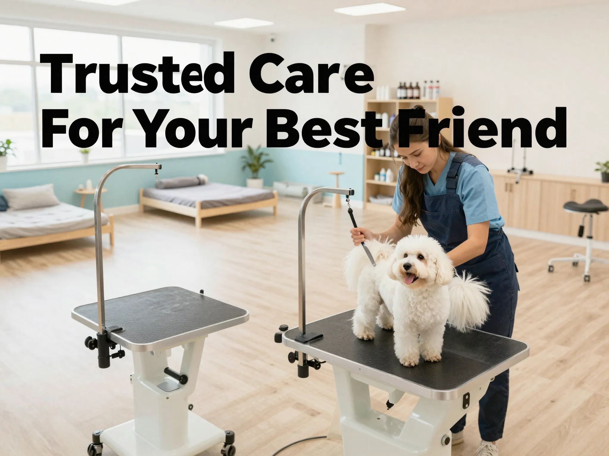 Modern pet facility grooming station happy dog clean interior