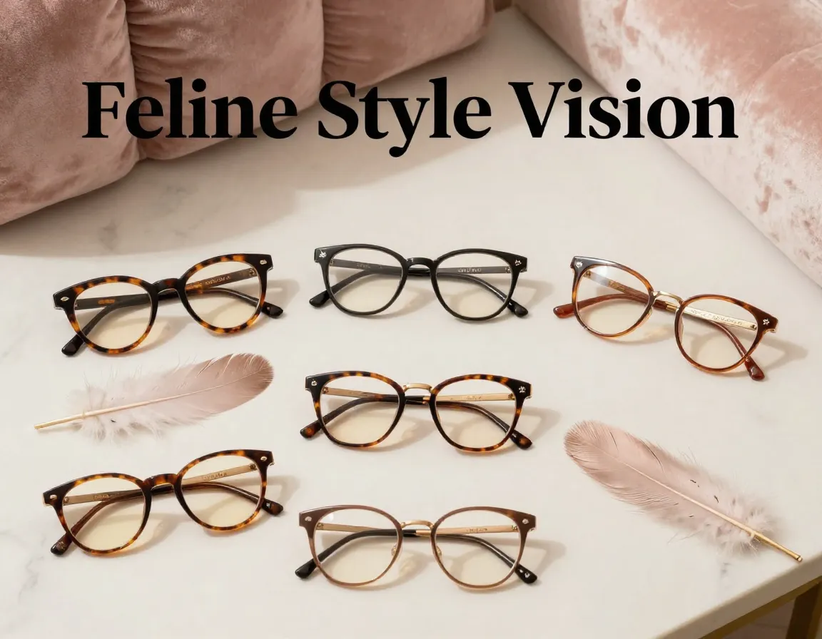 Overhead flat lay six cat themed eyeglasses luxury vanity still life