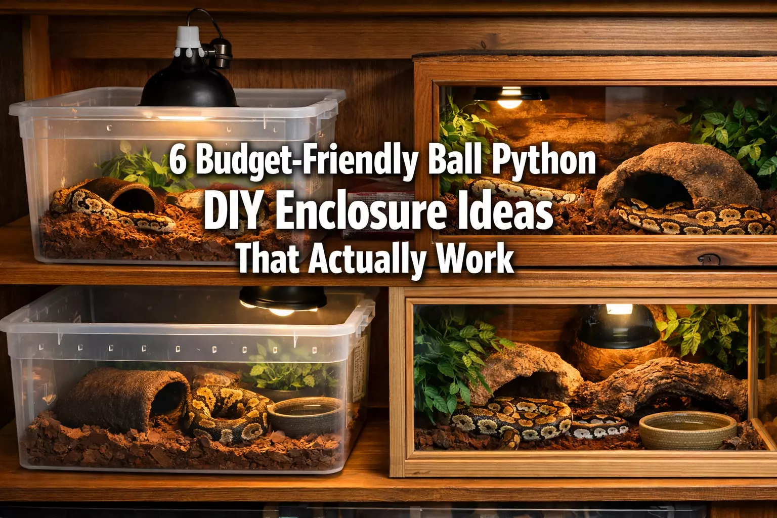 Six diy enclosure material samples with ball python overhead workspace flatlay