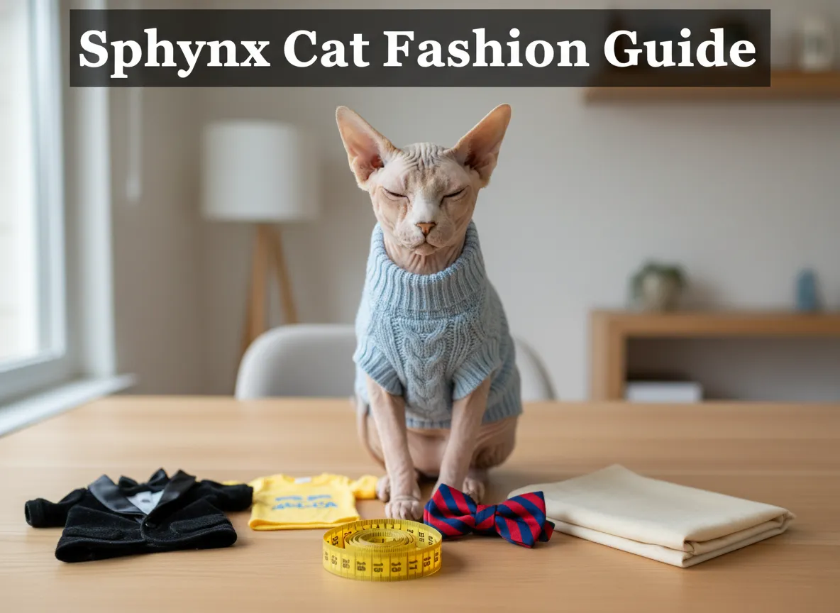 Sphynx cat wearing knit sweater with fashion accessories laid out