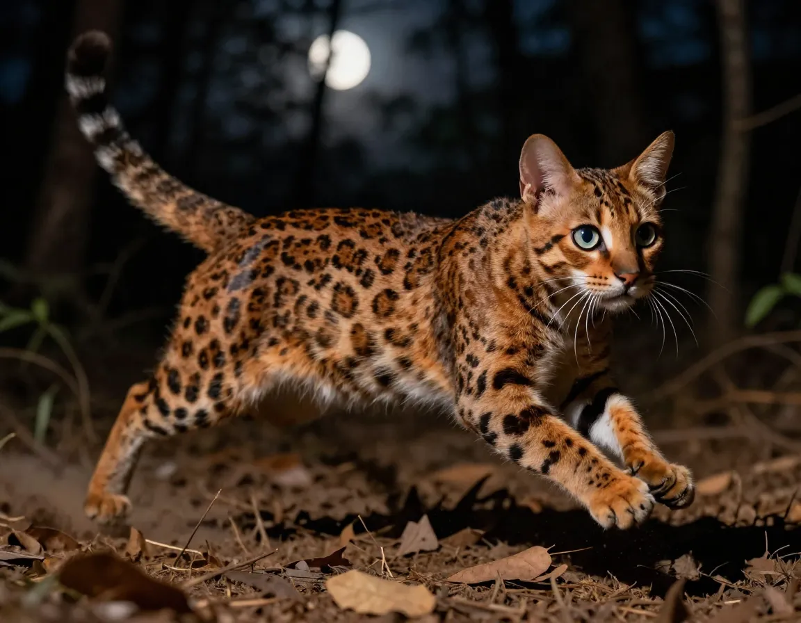 Rusty spotted cat wild miniature marvel hunting in forest at night