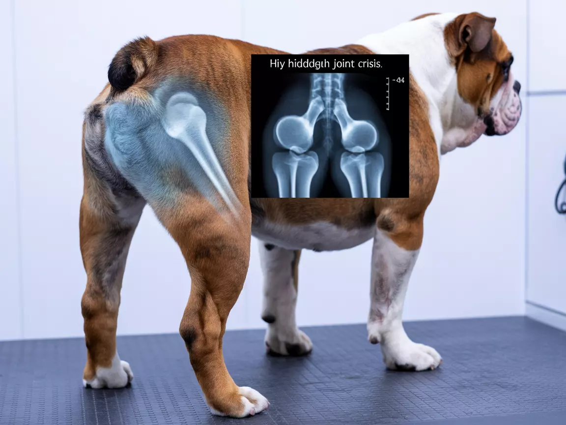 Bulldog with hip dysplasia x ray overlay on hind legs