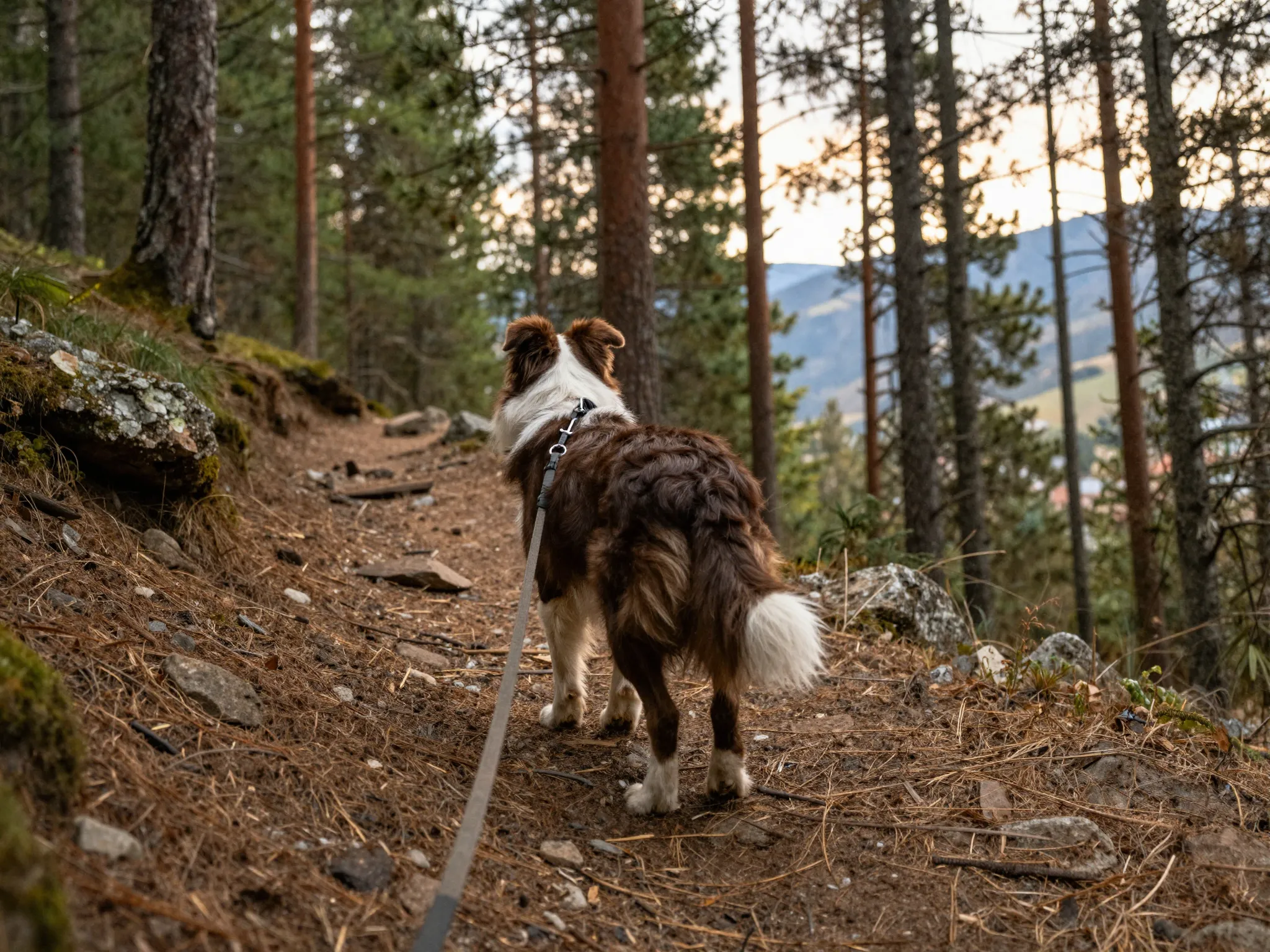 Finn the adventurous border collie hiking on a forest trail