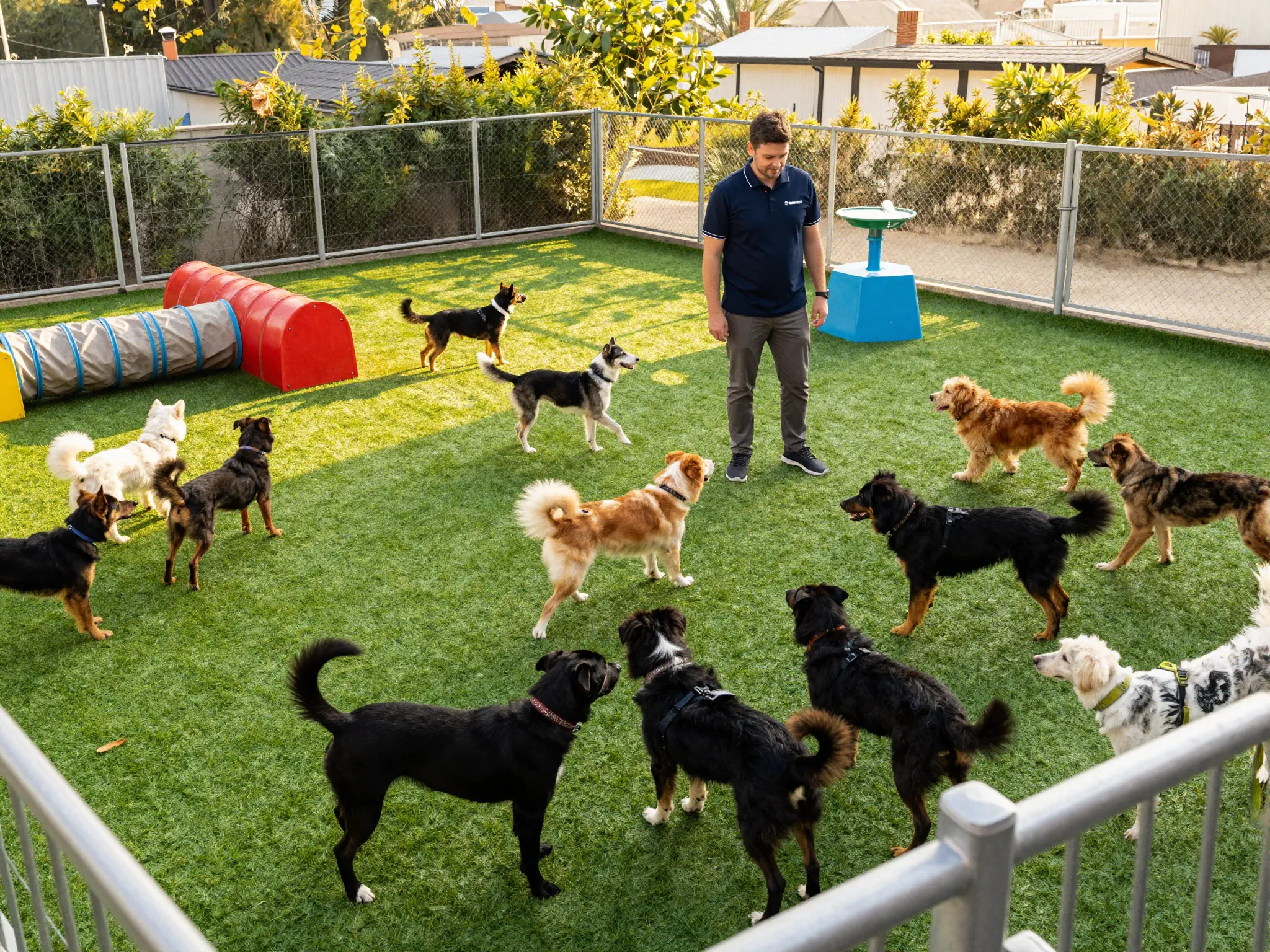 Playful dogs socializing in supervised outdoor yard with staff