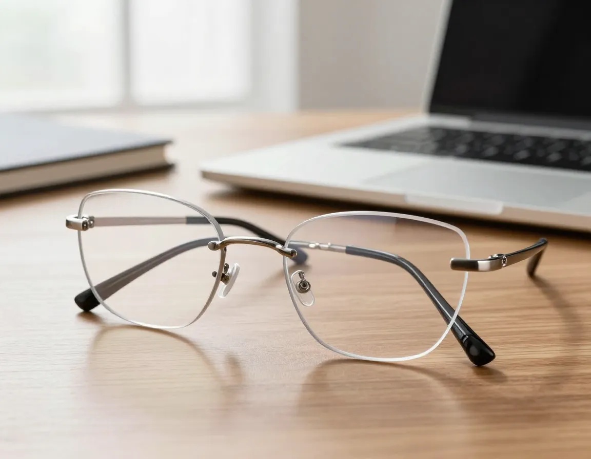 Semi rimless cat eye glasses on wooden desk