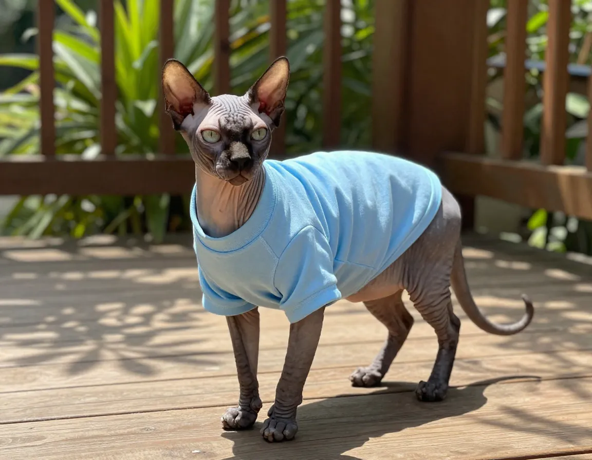 Sphynx cat wearing a light blue t shirt on a sunny back porch