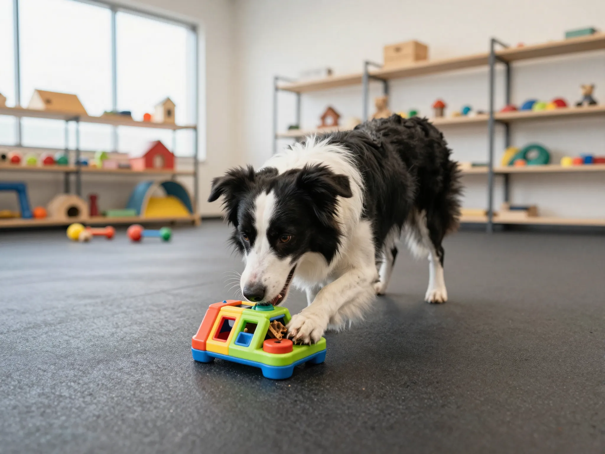 Energetic border collie solving puzzle toy in indoor play area