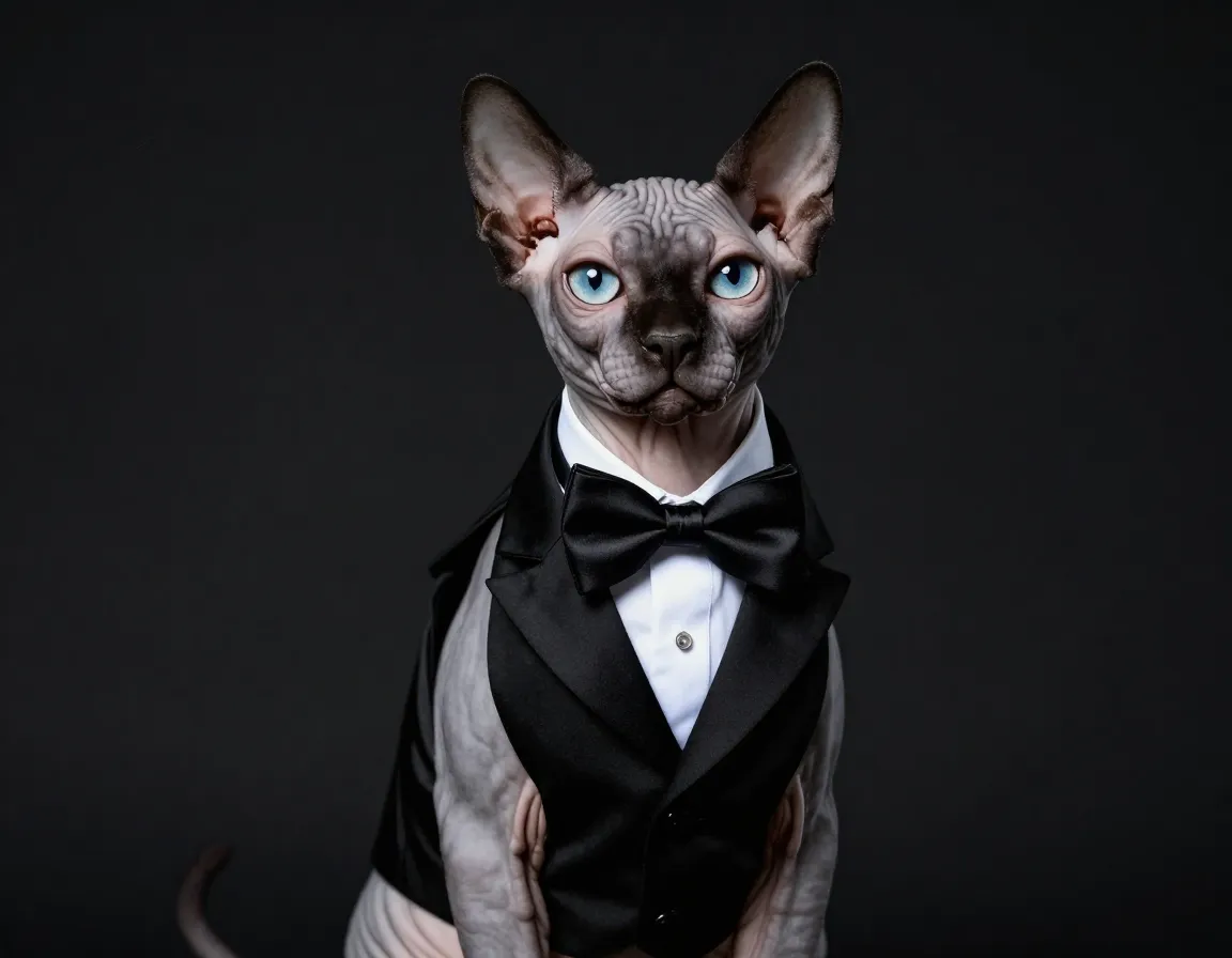 Formal sphynx in a black tuxedo vest with a bow tie