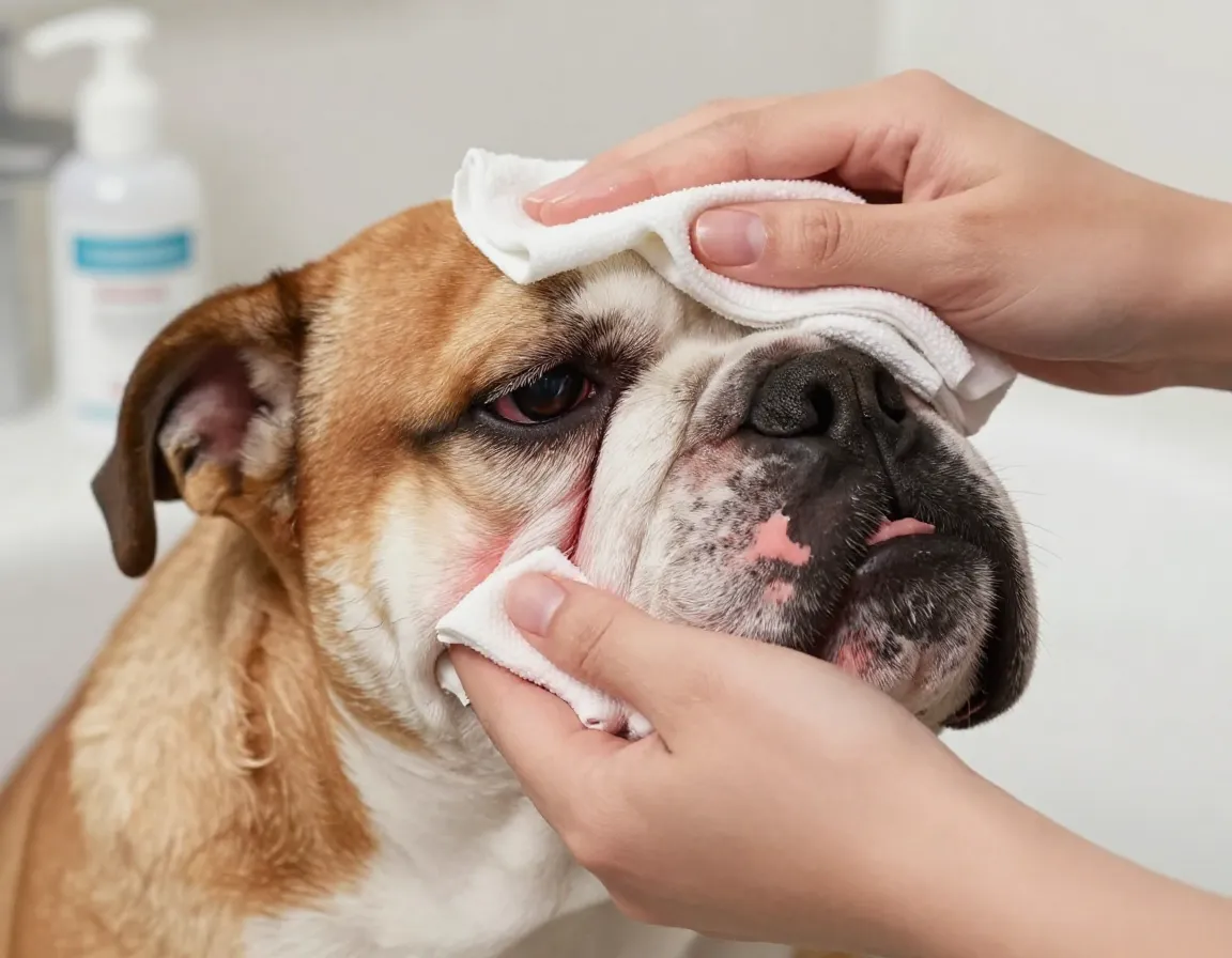 Hands cleaning red infected skin fold on bulldogs face