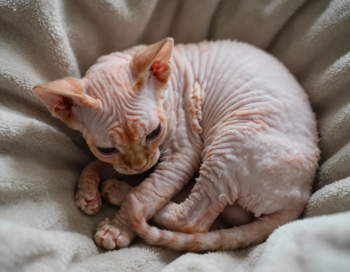 Dwelf tiny hairless hybrid cat curled on soft blanket