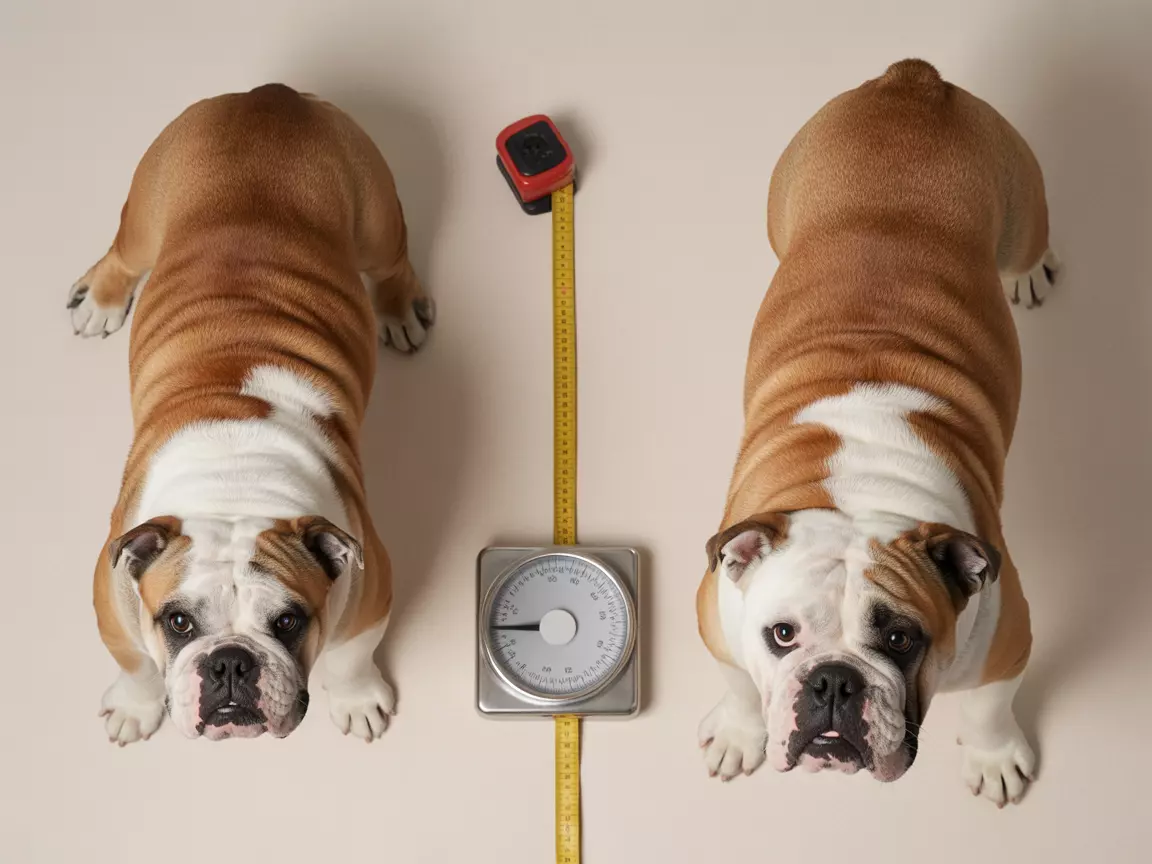 Split image overweight versus ideal weight bulldog top view