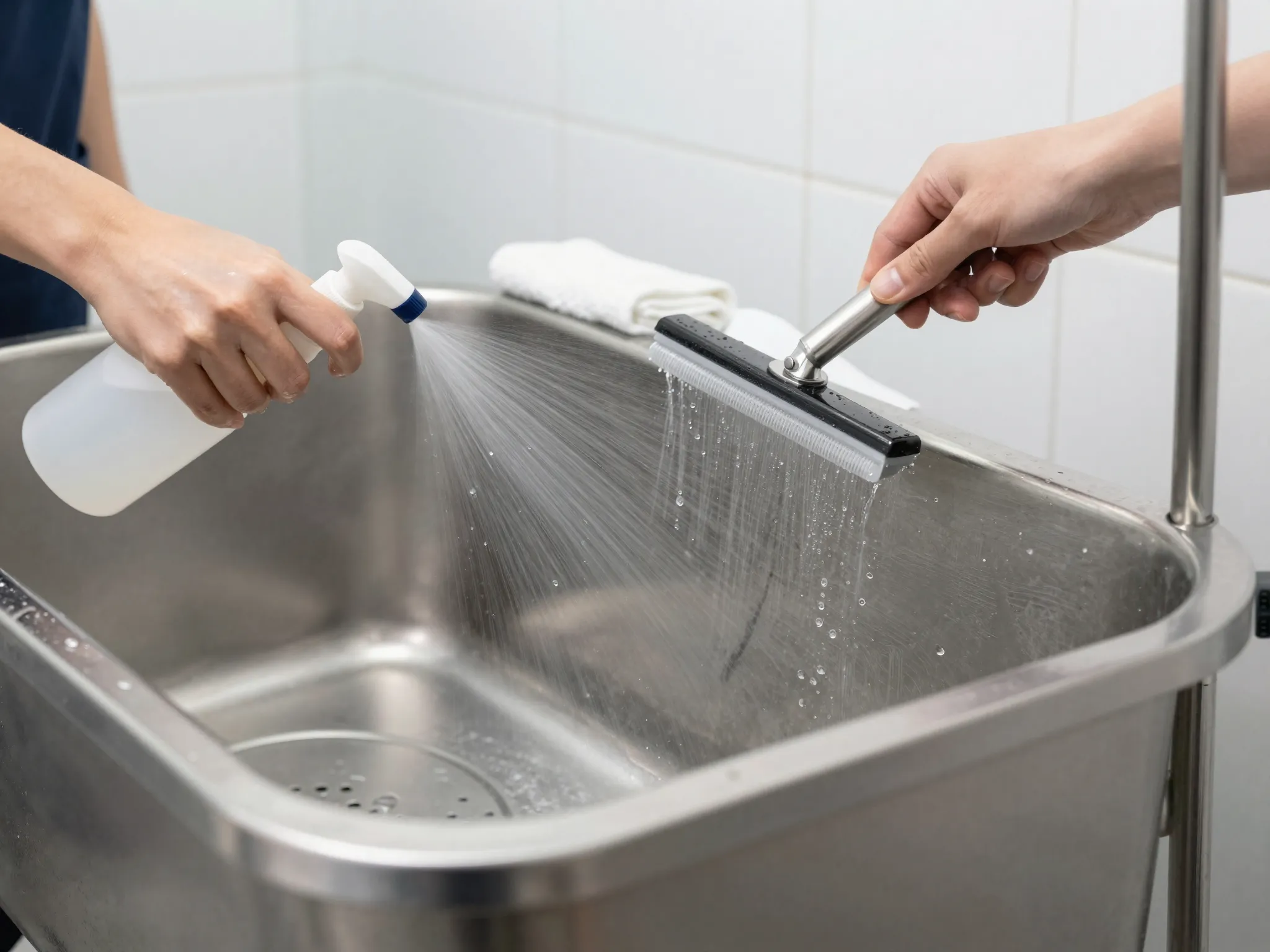 Staff member sanitizing stainless steel grooming tub with spray