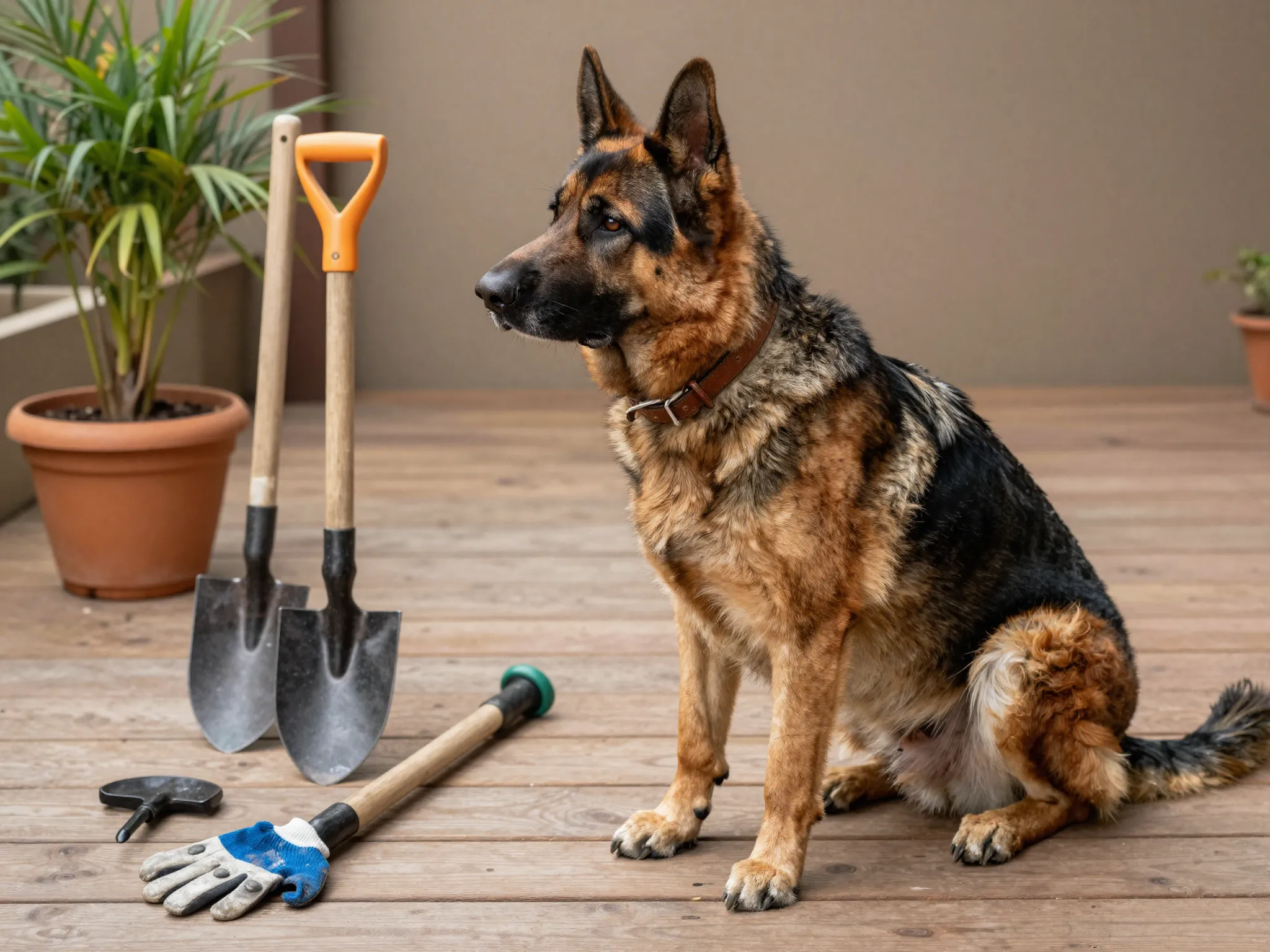 Cooper the reliable german shepherd beside gardening tools