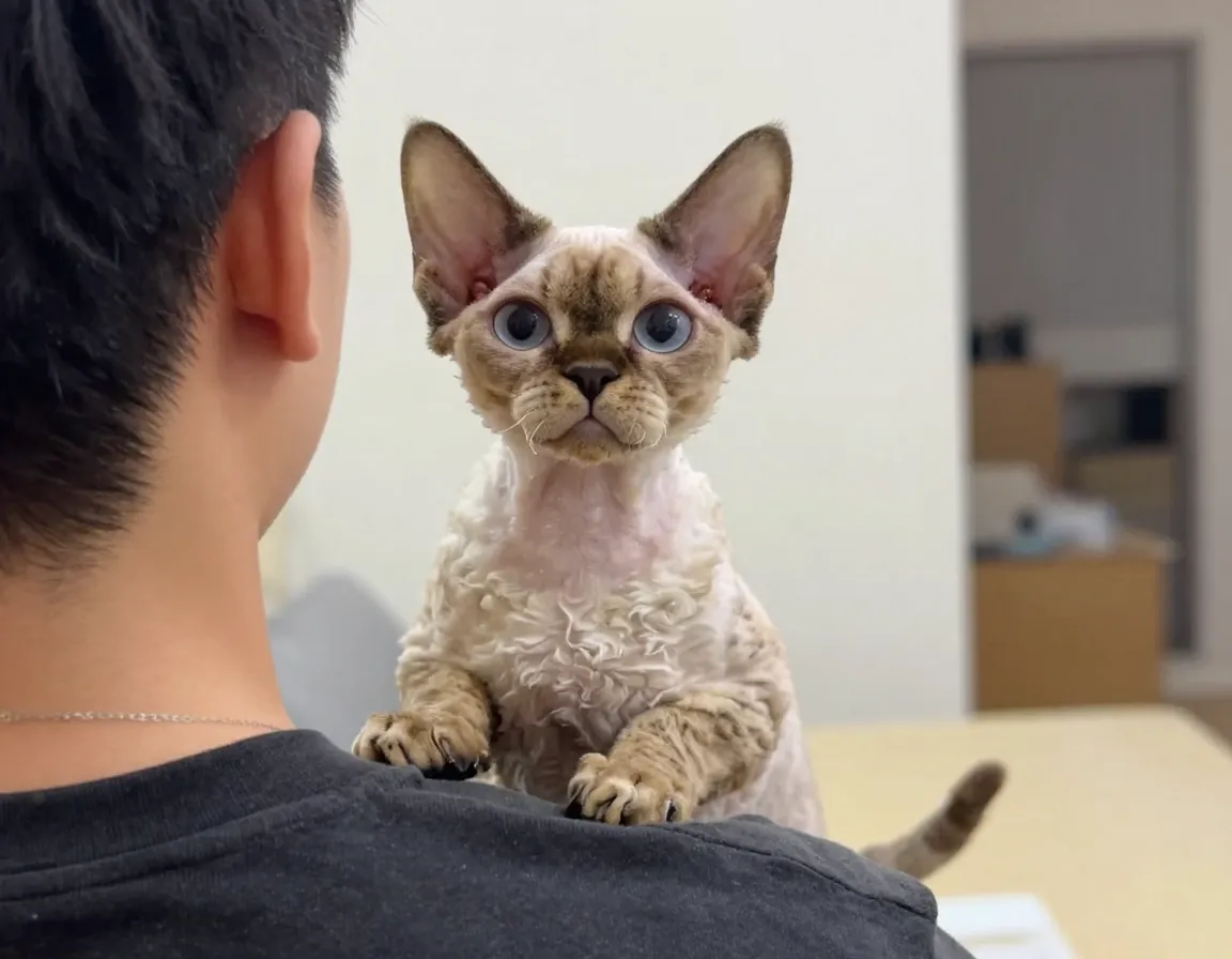 Devon rex pixie like companion perched on a person shoulder
