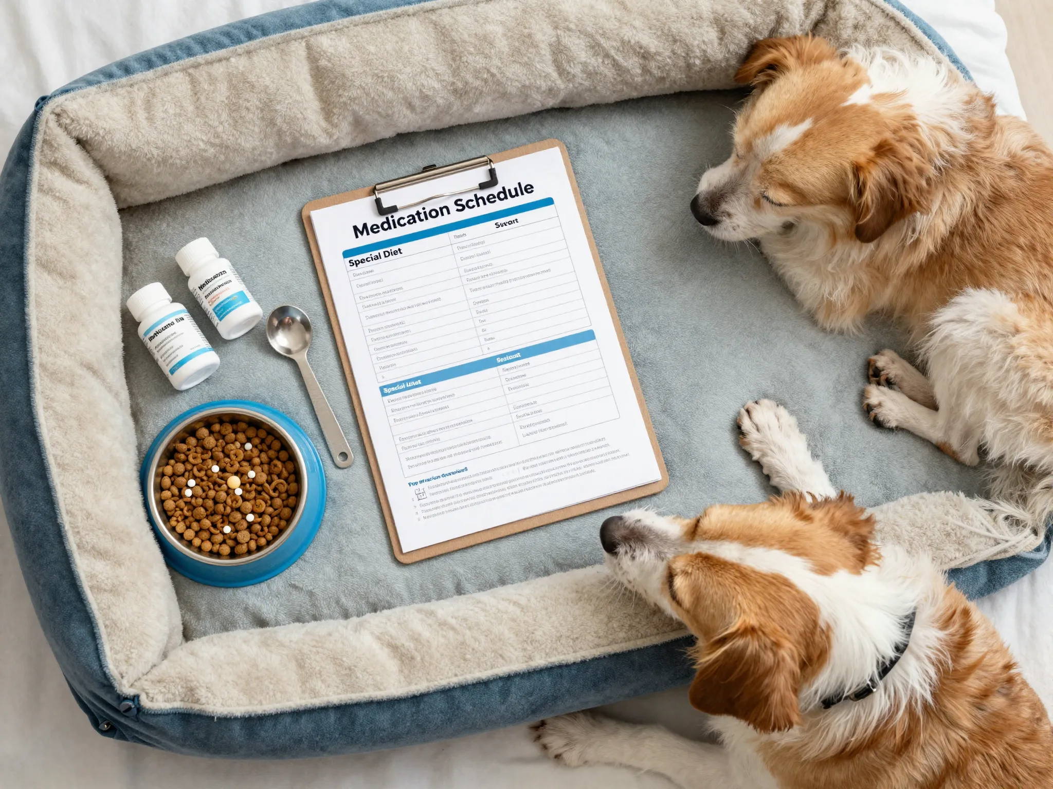 Personalized care chart and medication next to senior dogs bed