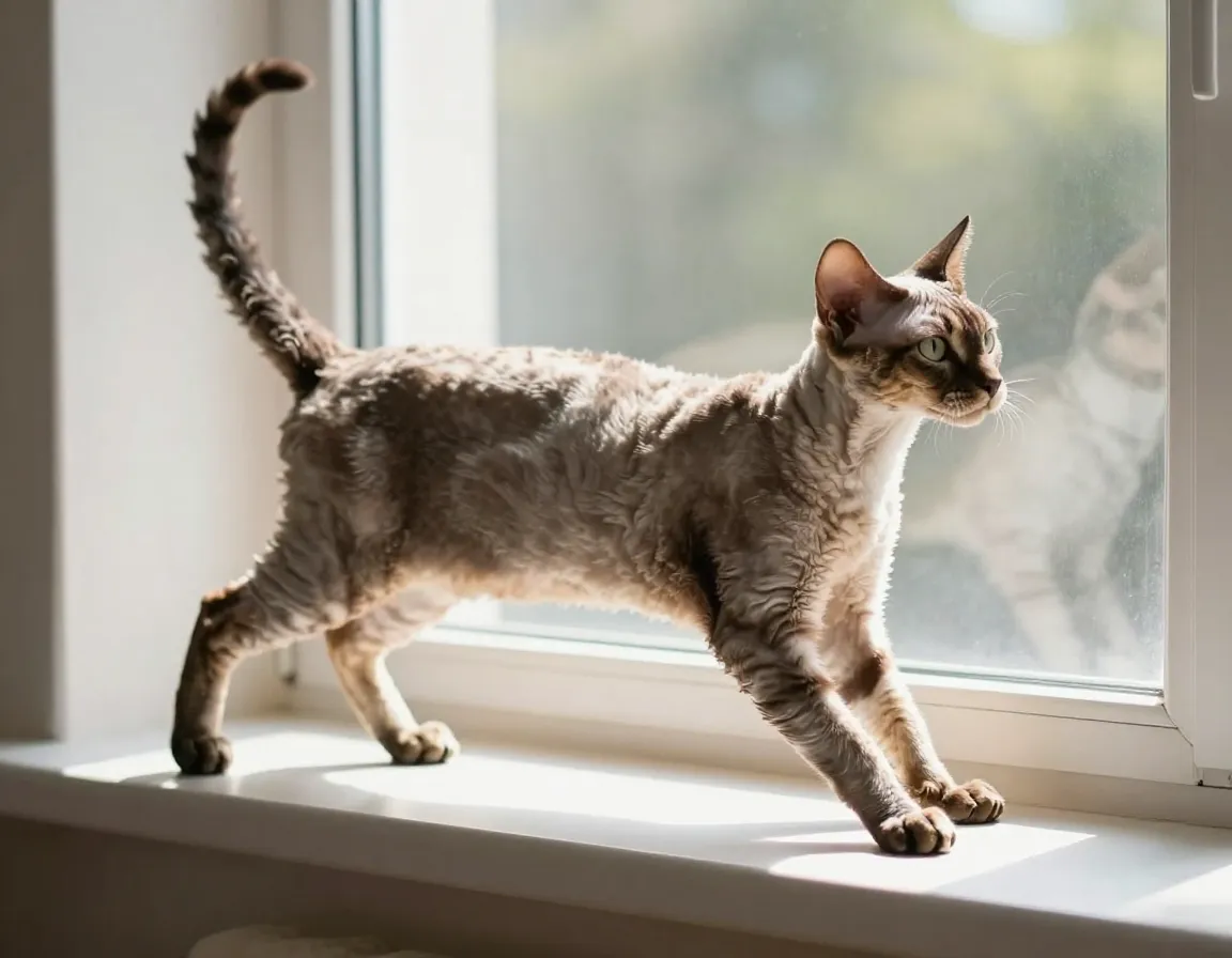 Cornish rex elegant miniature cat stretching on a windowsill