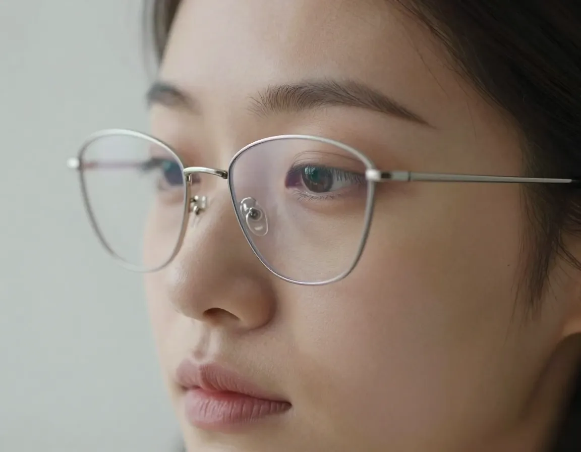 Minimalist wire frame cat eye glasses close up profile