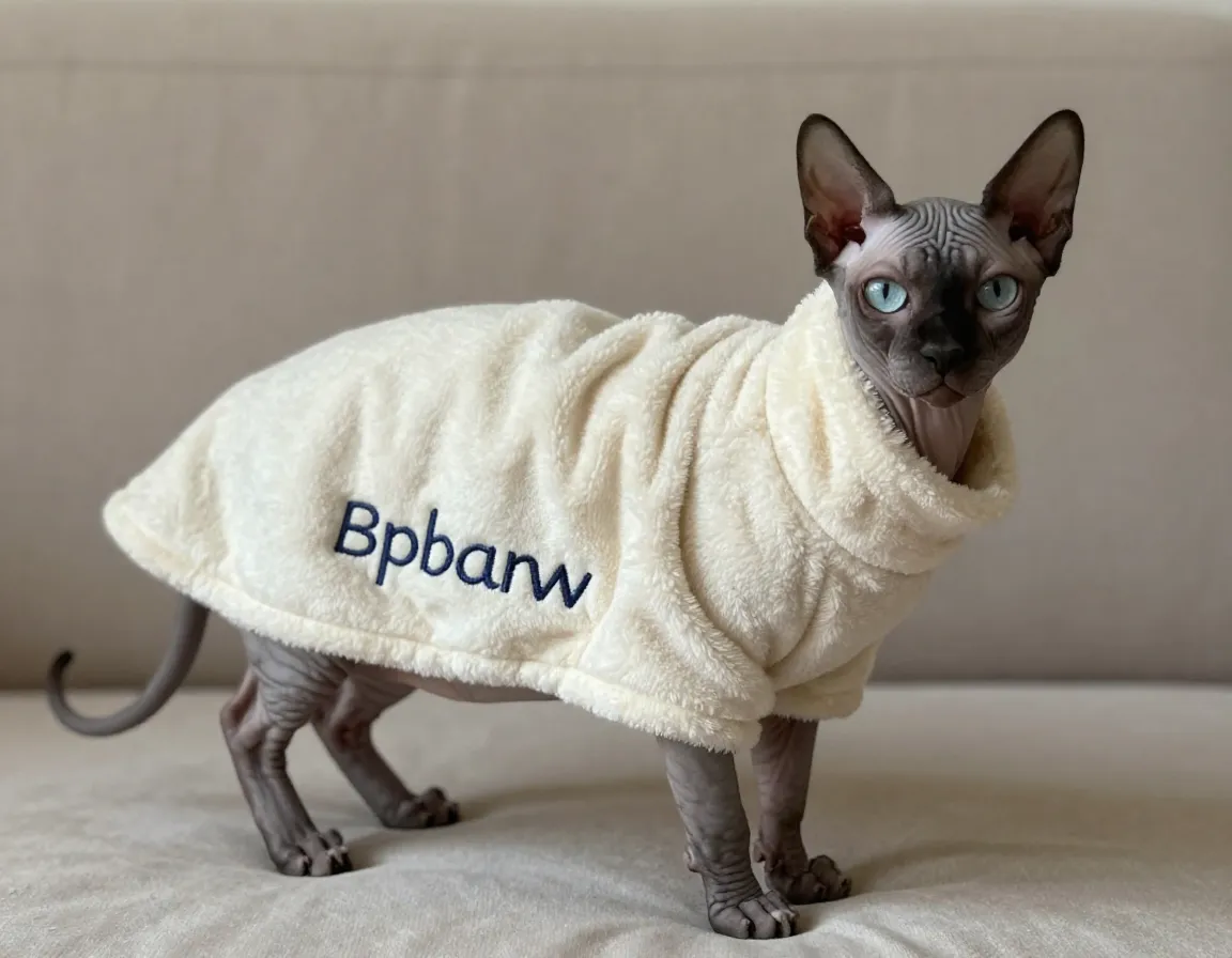 Sphynx in a custom diy fleece wrap with embroidered name