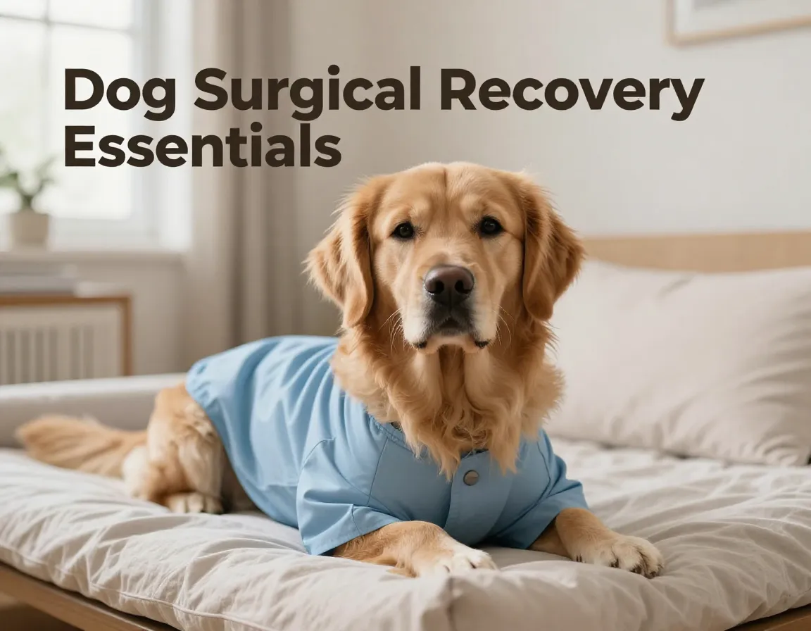 Dog in recovery suit on soft bed indoors