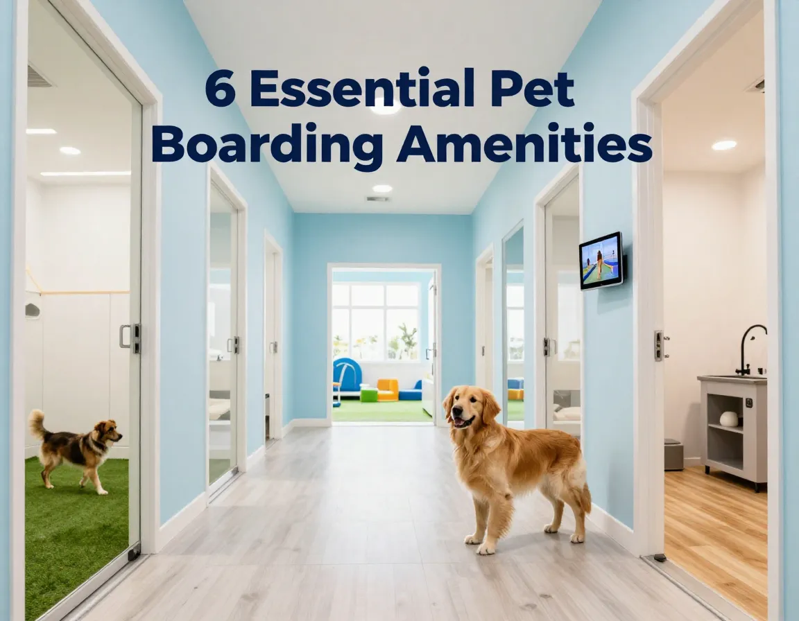 Modern pet resort hallway showcasing play areas suites and monitoring technology