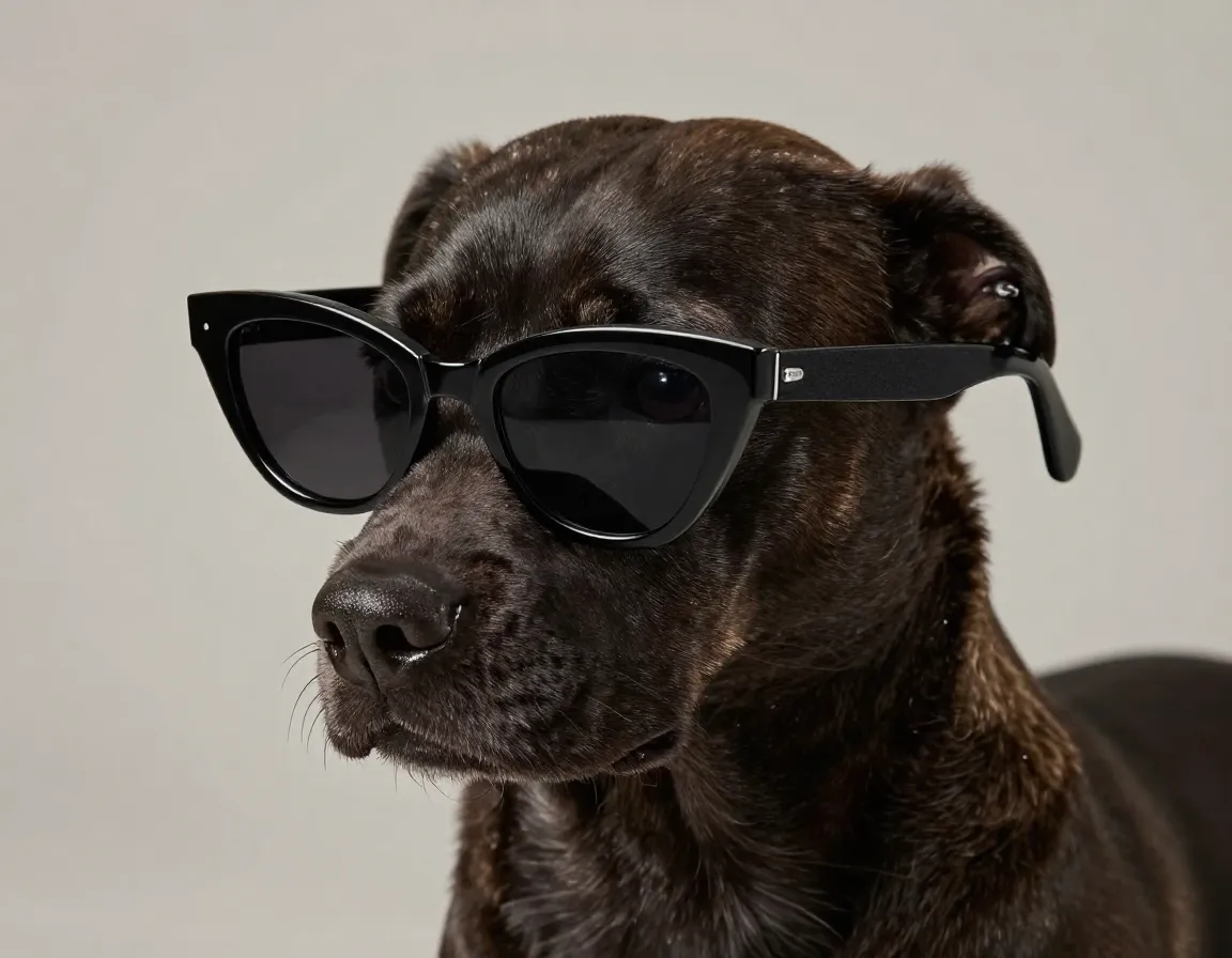 Black acetate cat eye sunglasses on a dark coated dog during a professional photo shoot