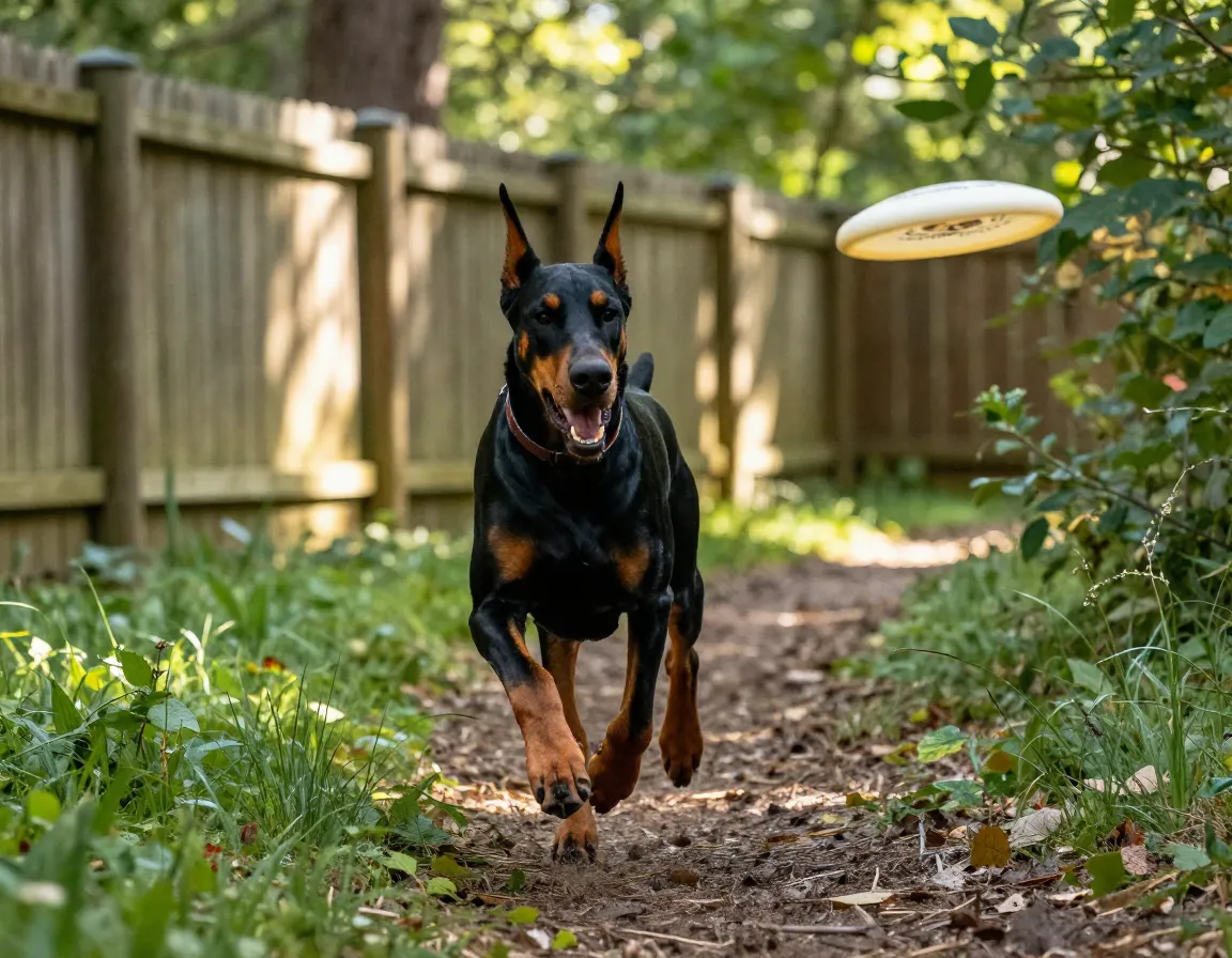 Doberman running fetch frisbee in large fenced yard and trail