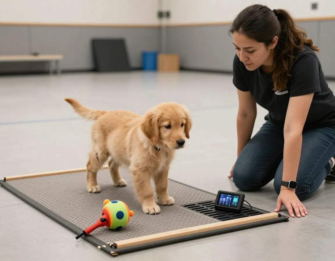 Puppy temperament assessment with trainer examining calm golden retriever