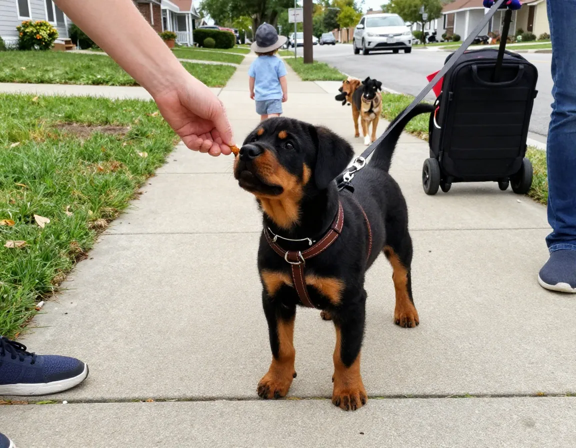 Rottweiler puppy experiencing new sights and sounds on suburban sidewalk