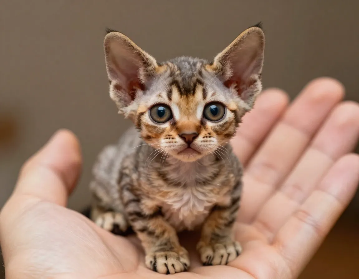 Singapura tiny kitten sitting on palm with large expressive eyes