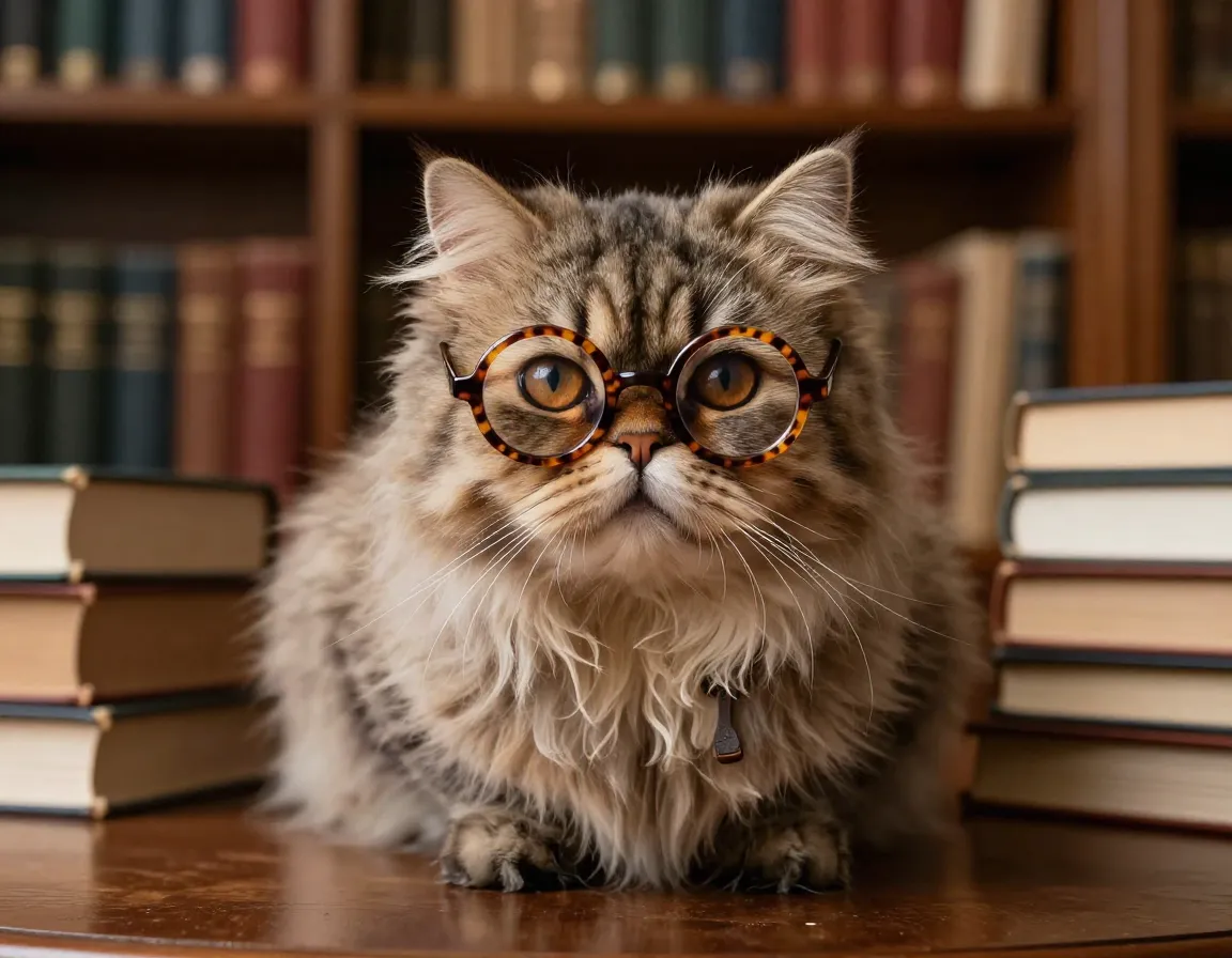 Vintage round tortoiseshell glasses on a distinguished persian cat in a library