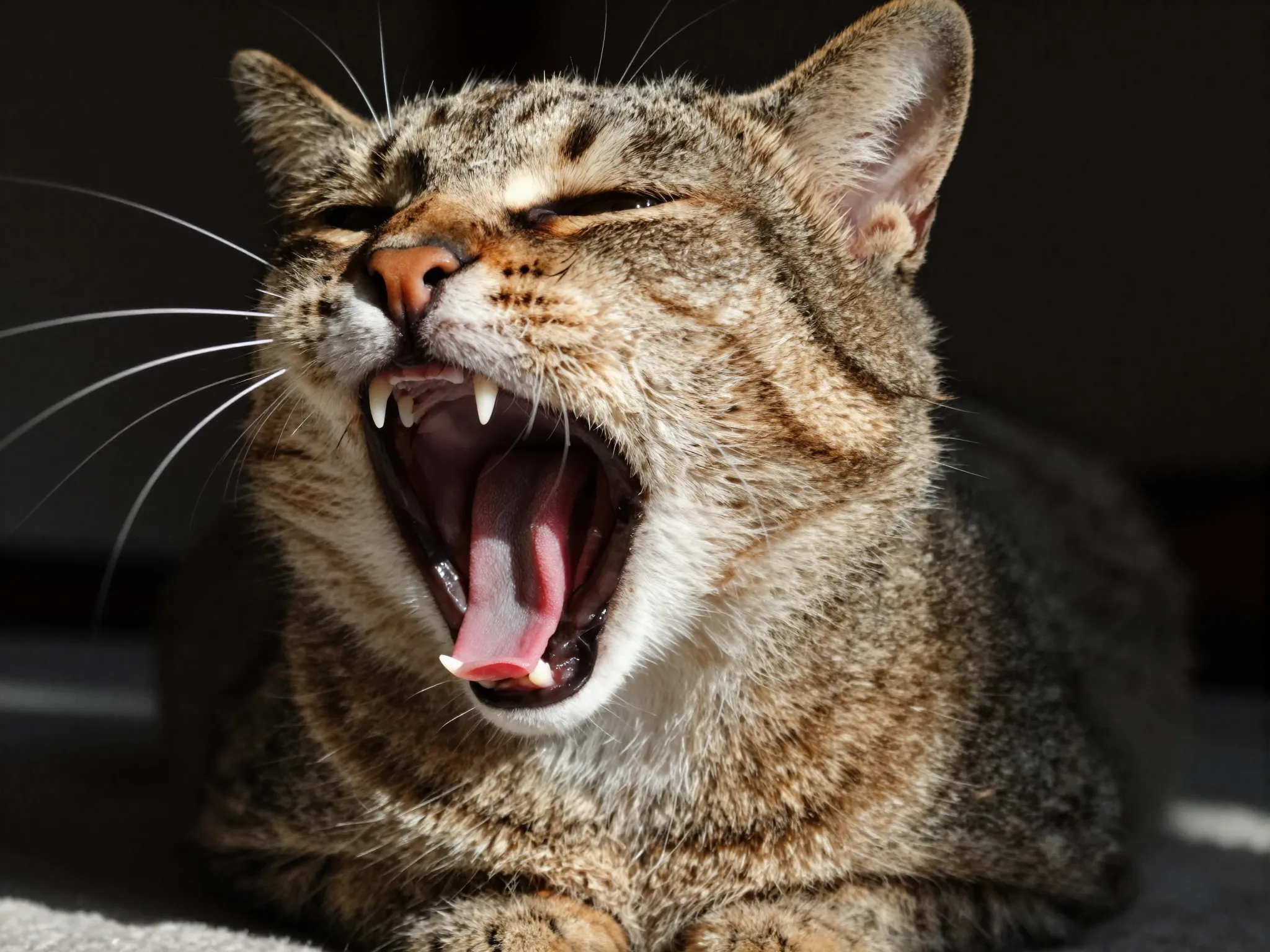 Domestic cat mid dramatic wide mouthed yawn resembling a roar