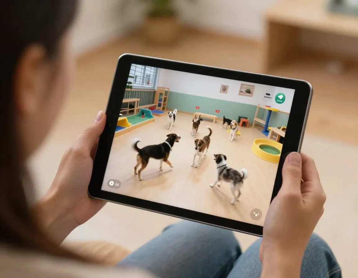 Pet owner viewing live webcam feed of dogs playing in daycare on tablet