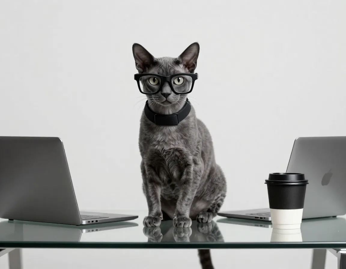 Sleek black rectangular frames on a short haired cat in a modern office