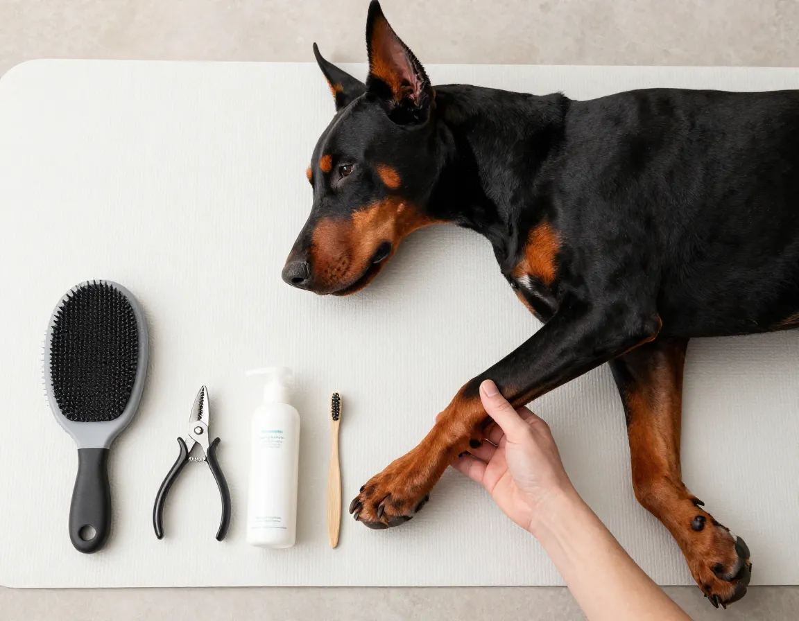 Grooming tools lay flat with doberman for weekly health maintenance