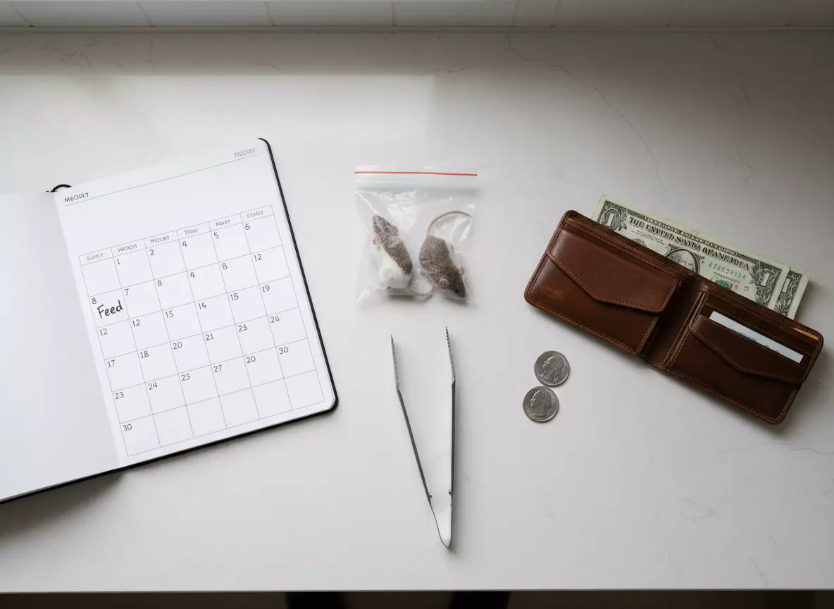Modest frozen rodent supplies and calendar showing infrequent feeding schedule