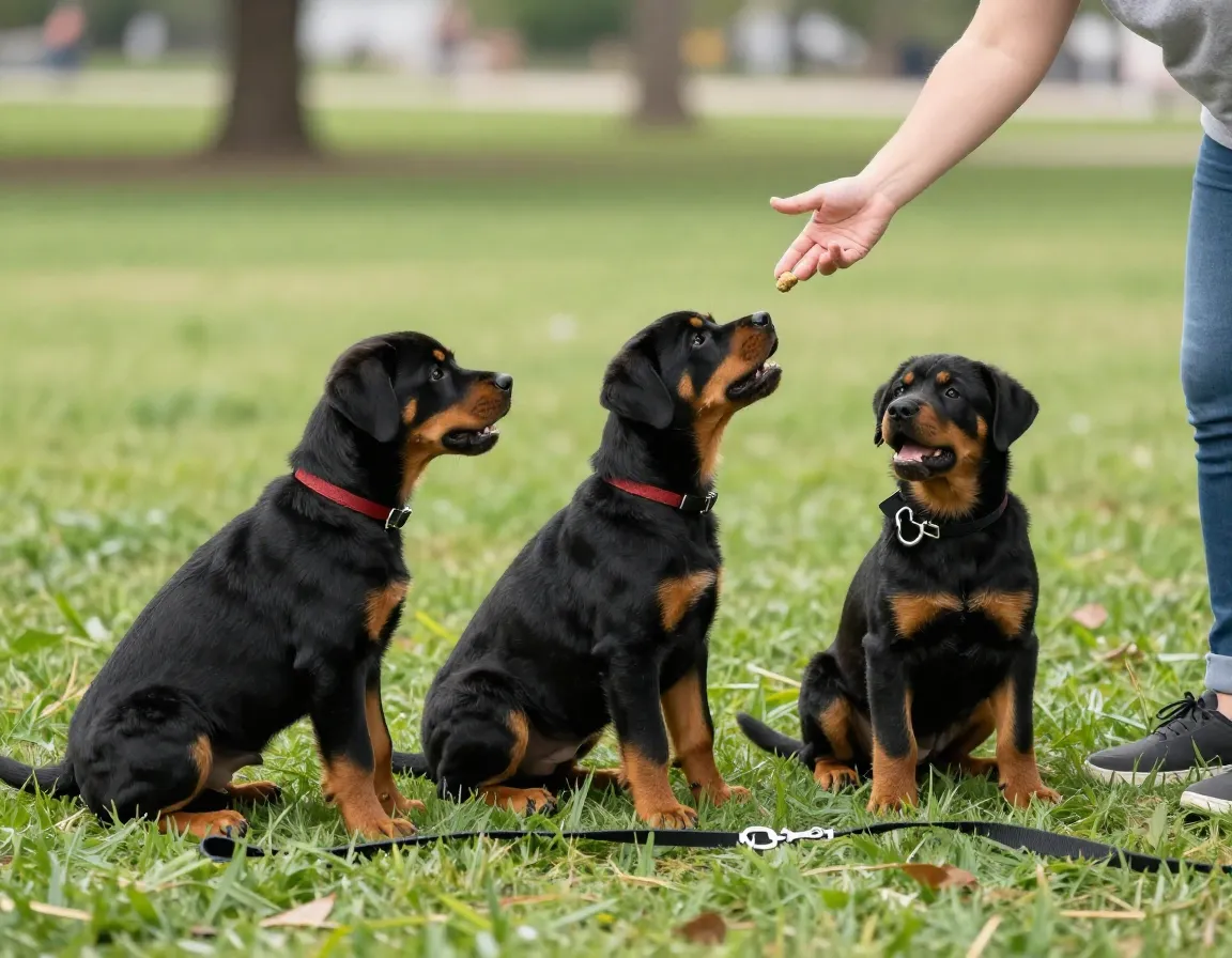 Rottweiler puppy successfully performing the sit and down commands in a park