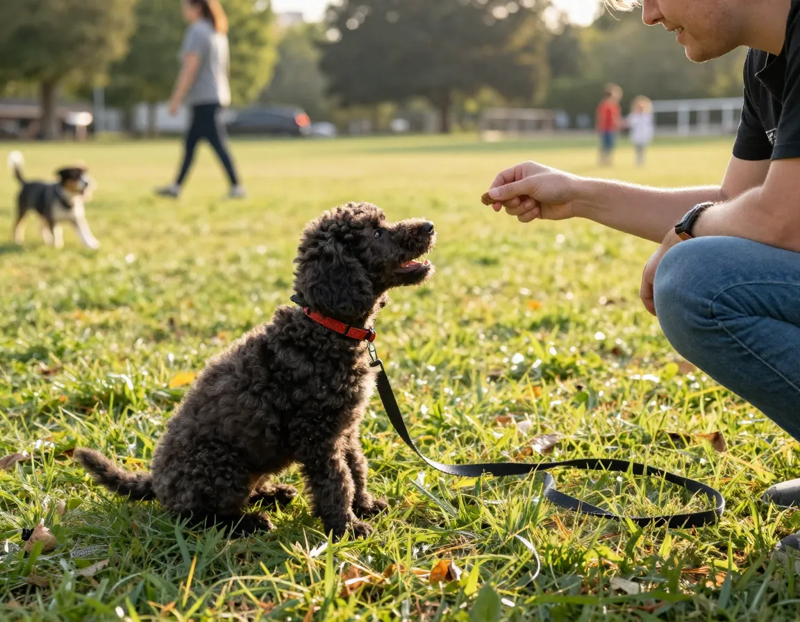 Service dog puppy mastering basic obedience commands in distracting park
