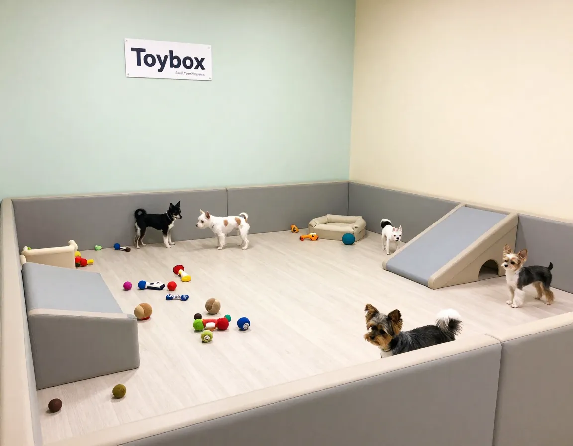Small dogs grouped separately in a dedicated toybox playroom with soft toys