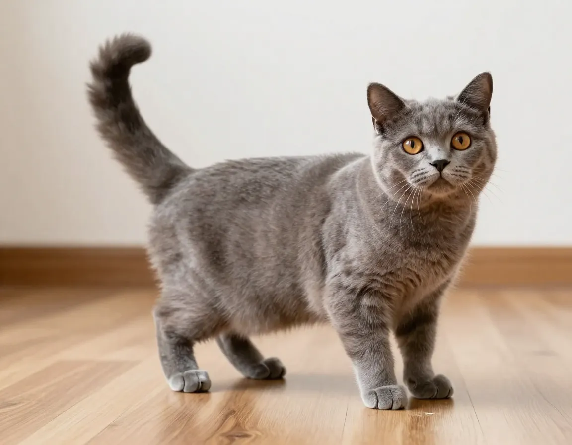 Toybob adult cat with bobbed tail and kitten like face on floor