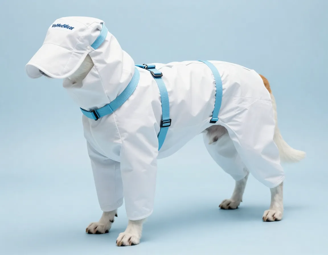 Vetmedwear antimicrobial recovery suit on dog in clinical setting