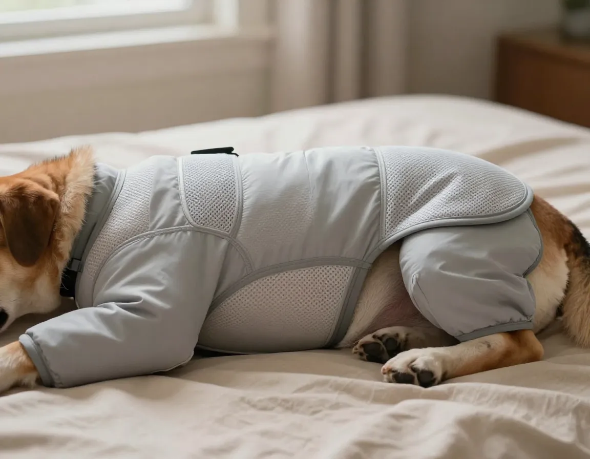 Bellyguard abdominal recovery suit with mesh panels on resting dog