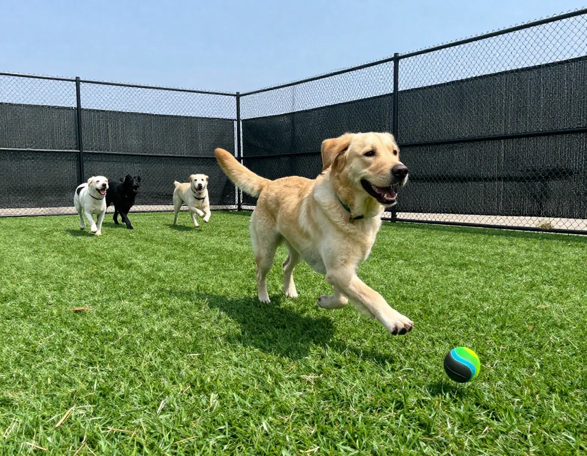 Large energetic dog running on artificial turf in a secure outdoor play area