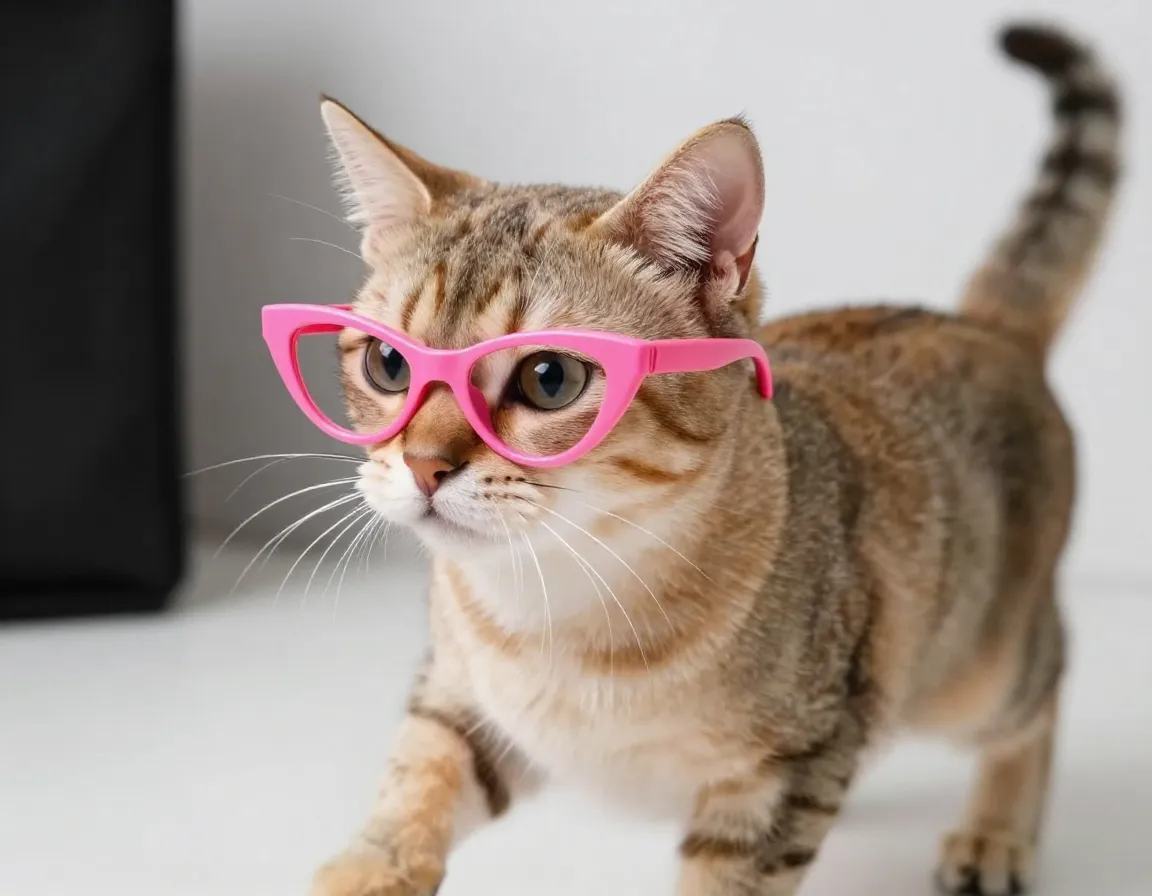 Retro pink cat eye glasses on a playful female cat in a photoshoot