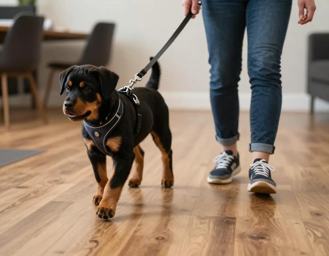 Rottweiler puppy learning loose leash walking with a front clip harness indoors