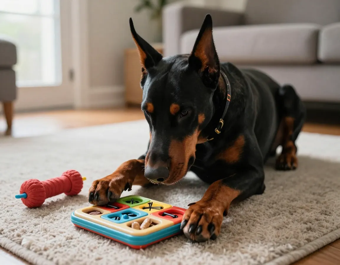 Doberman solving interactive puzzle toy for mental enrichment at home