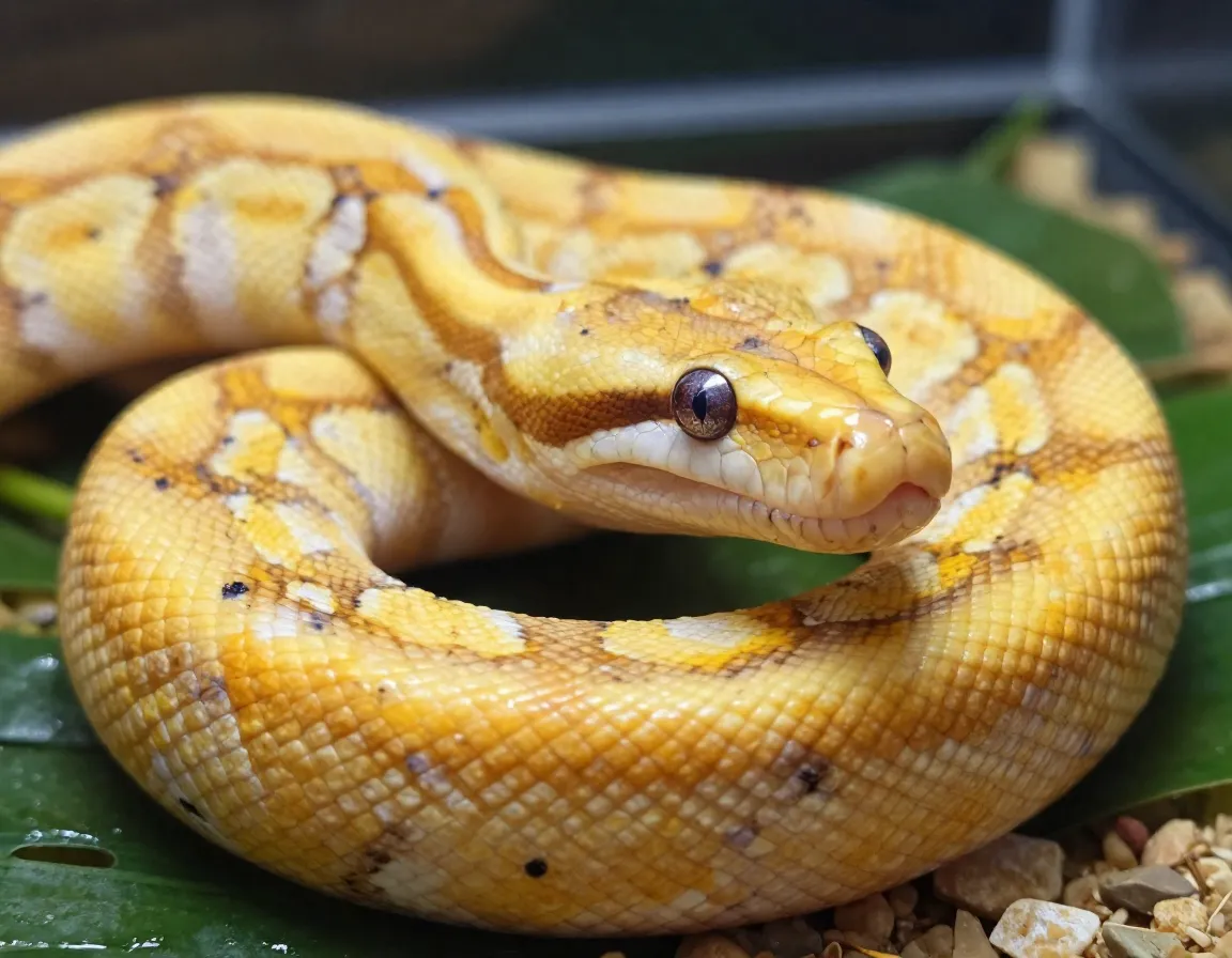 Healthy banana morph python with clear eyes and smooth scales in clean habitat