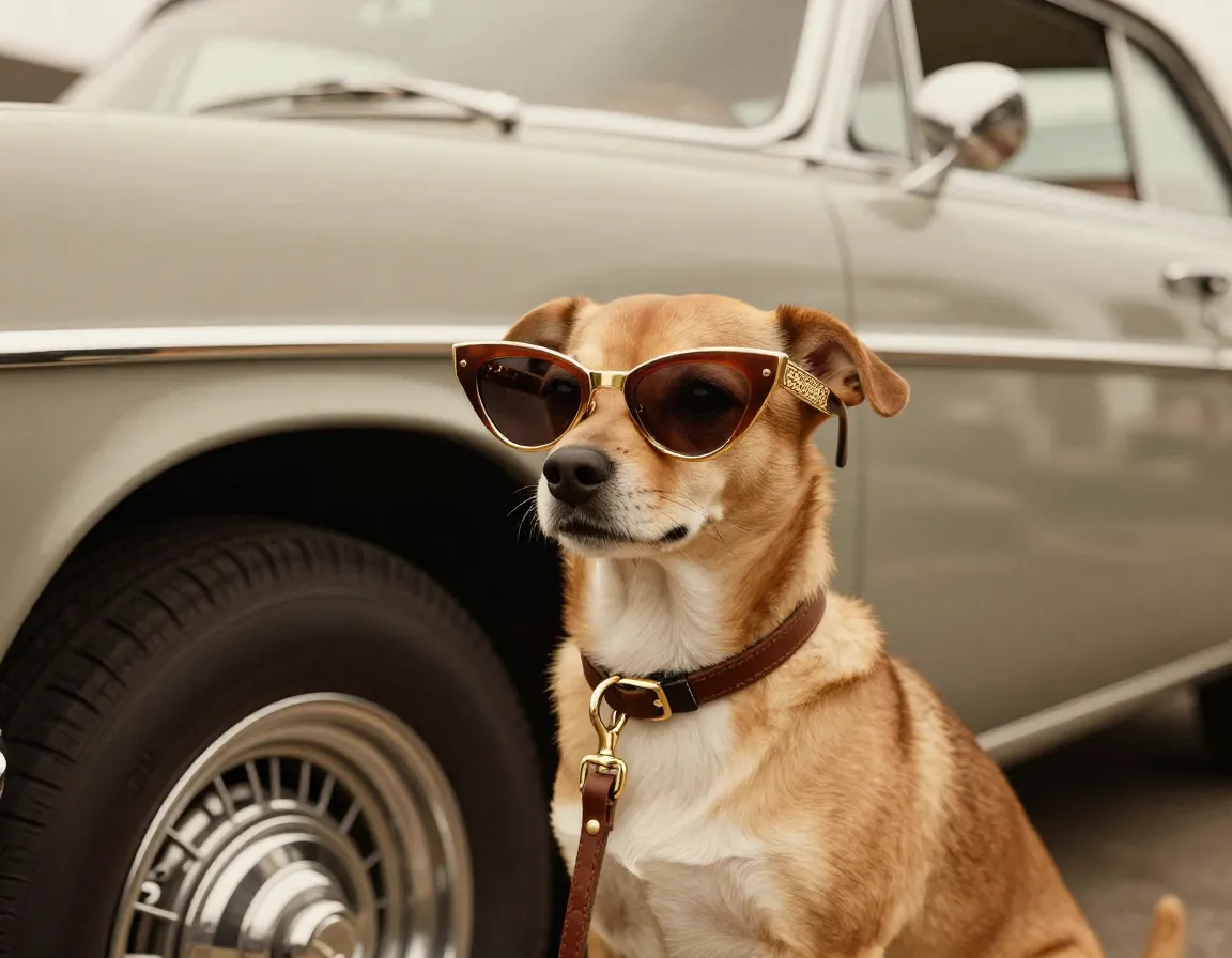 Retro brown and gold cat eye sunglasses on a small dog at a vintage car show
