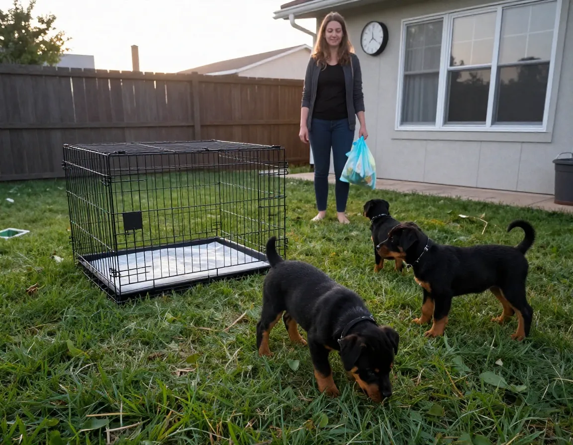 Rottweiler puppy using a designated potty area on grass at morning time