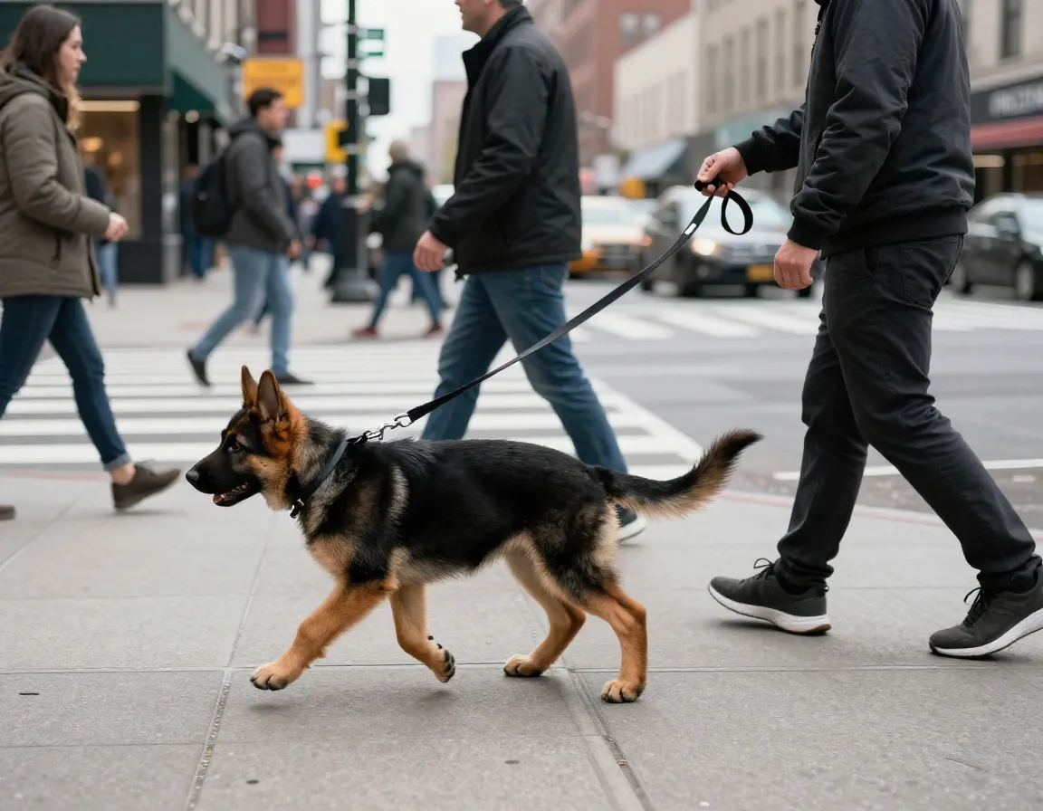 Service dog puppy practicing loose leash walking in busy urban setting